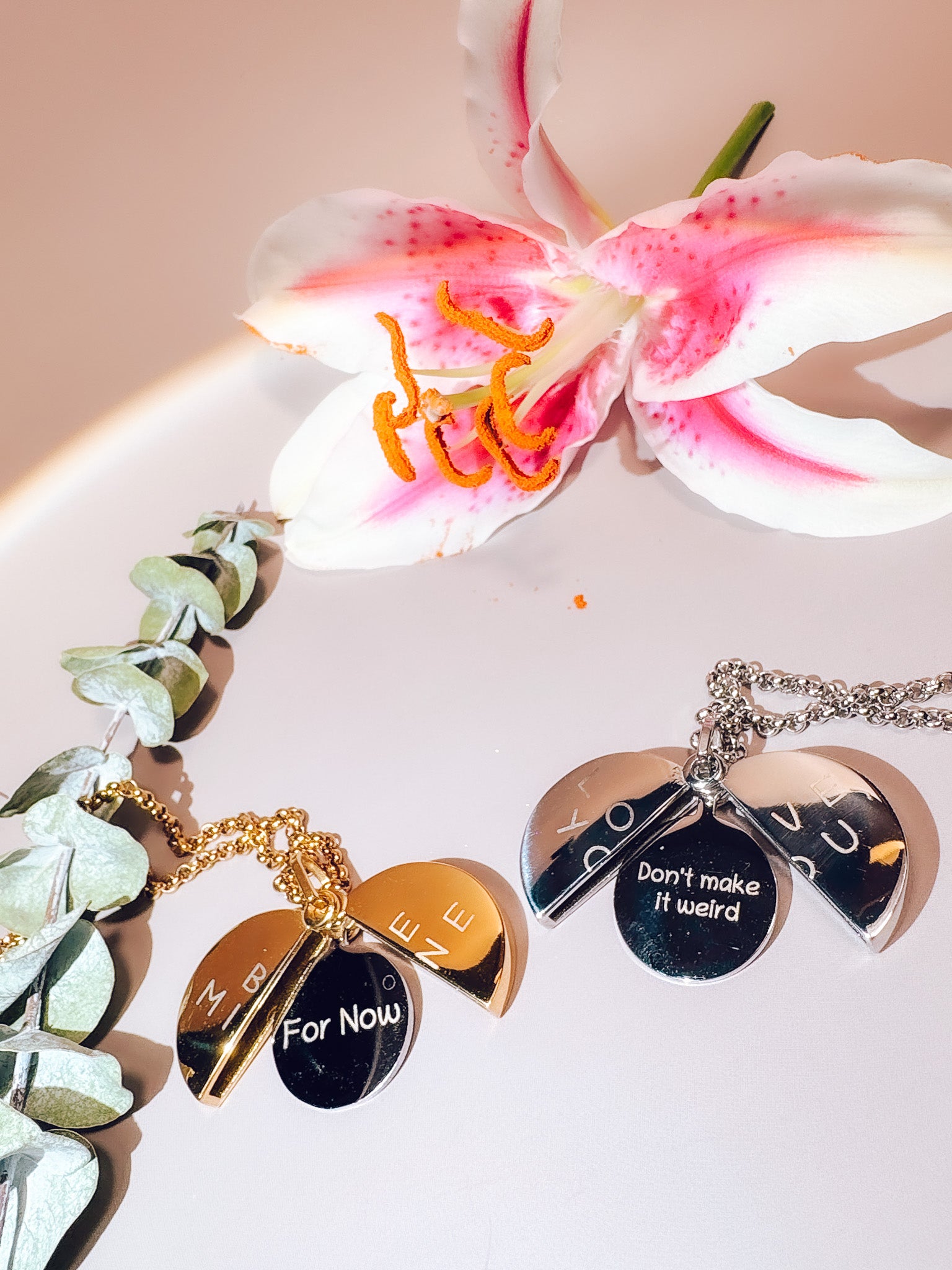 Two necklaces with heart-shaped pendants on a white surface with a pink flower in the background.