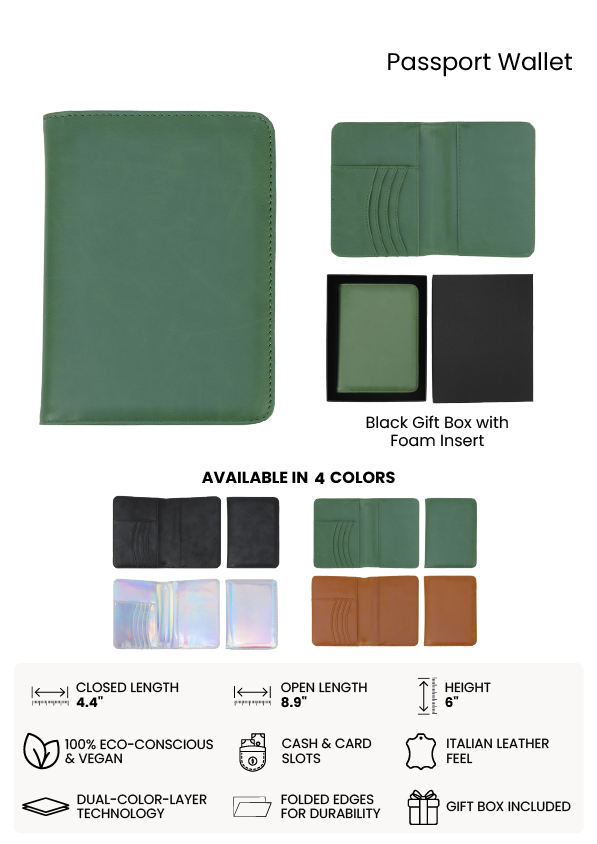 Green passport wallet with product details on a white background